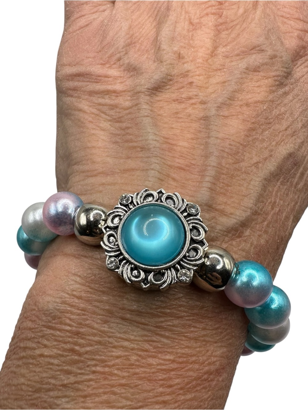 Snap Jewelry Pastel Faux Pearl Bracelet & 18mm Blue & Silver Ginger Snap NWT